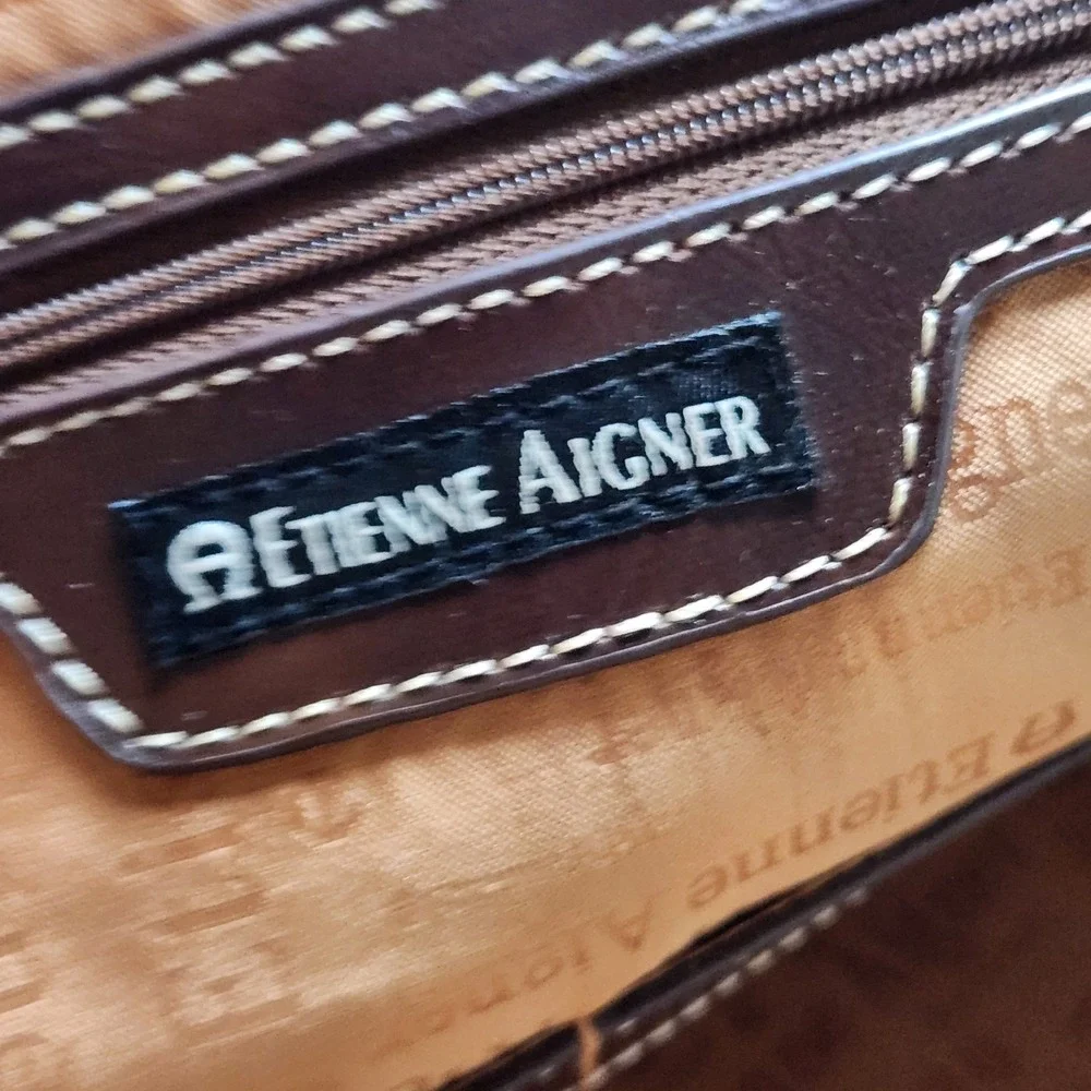 Vtg Etienne Aigner Monogram Tote‎ Travel Bag Brown Leather Trim Lg Logo Satchel